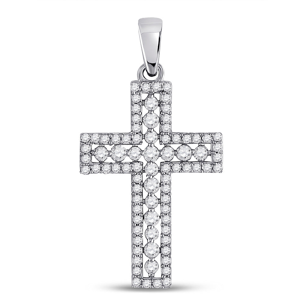 14kt White Gold Womens Round Diamond Cross Pendant 1/2 Cttw