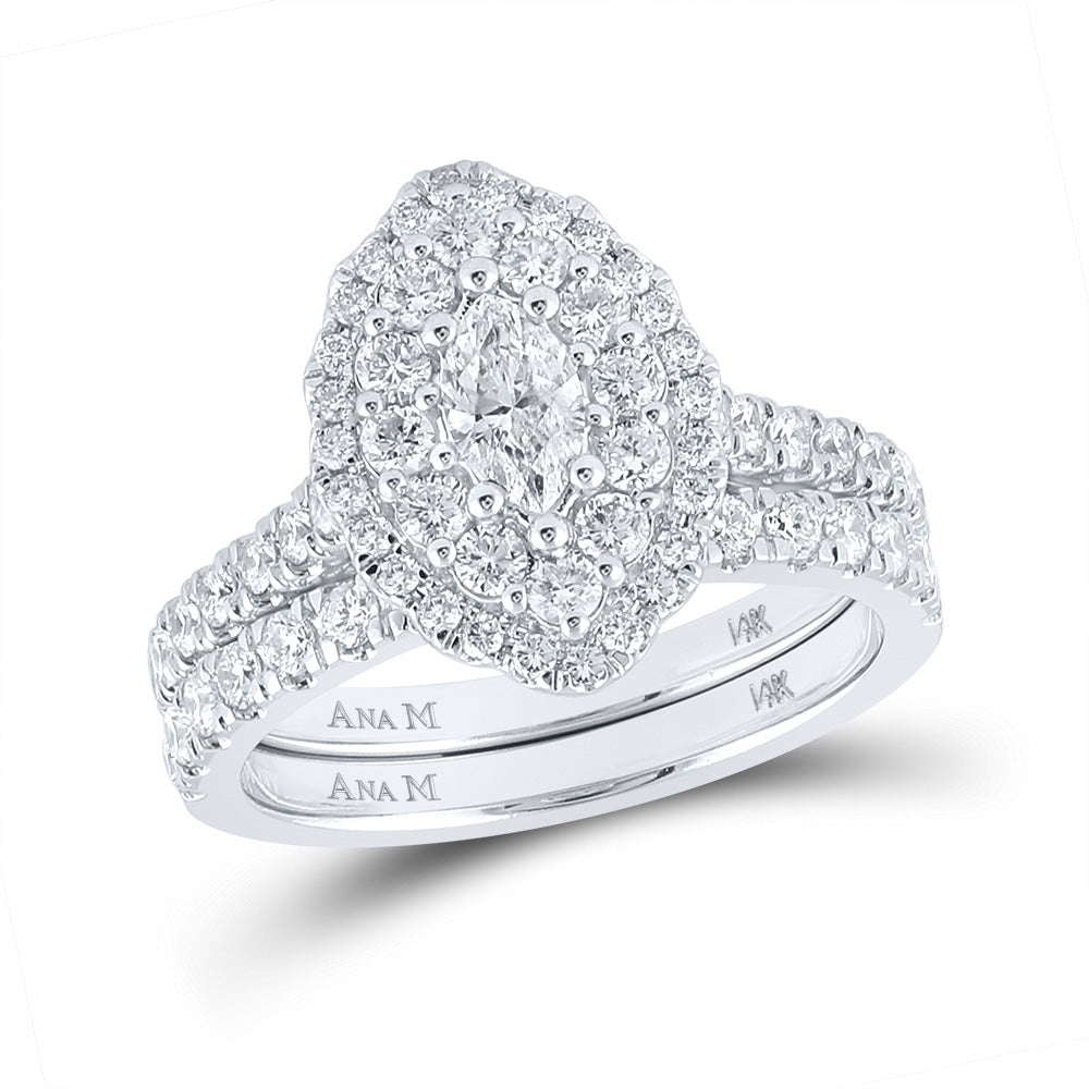 14kt White Gold Marquise Diamond Bridal Wedding Ring Band Set 1-3/8 Cttw