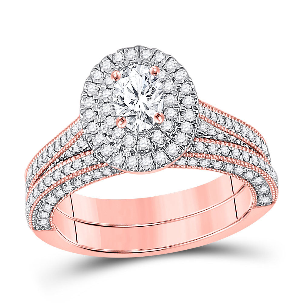 14kt Rose Gold Oval Diamond Bridal Wedding Ring Band Set 1-5/8 Cttw