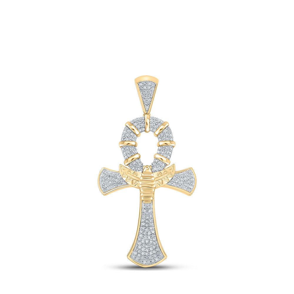 10kt Yellow Gold Mens Round Diamond Ankh Cross Charm Pendant 1/2 Cttw