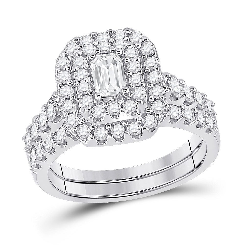 14kt White Gold Emerald Diamond Bridal Wedding Ring Band Set 1-1/2 Cttw