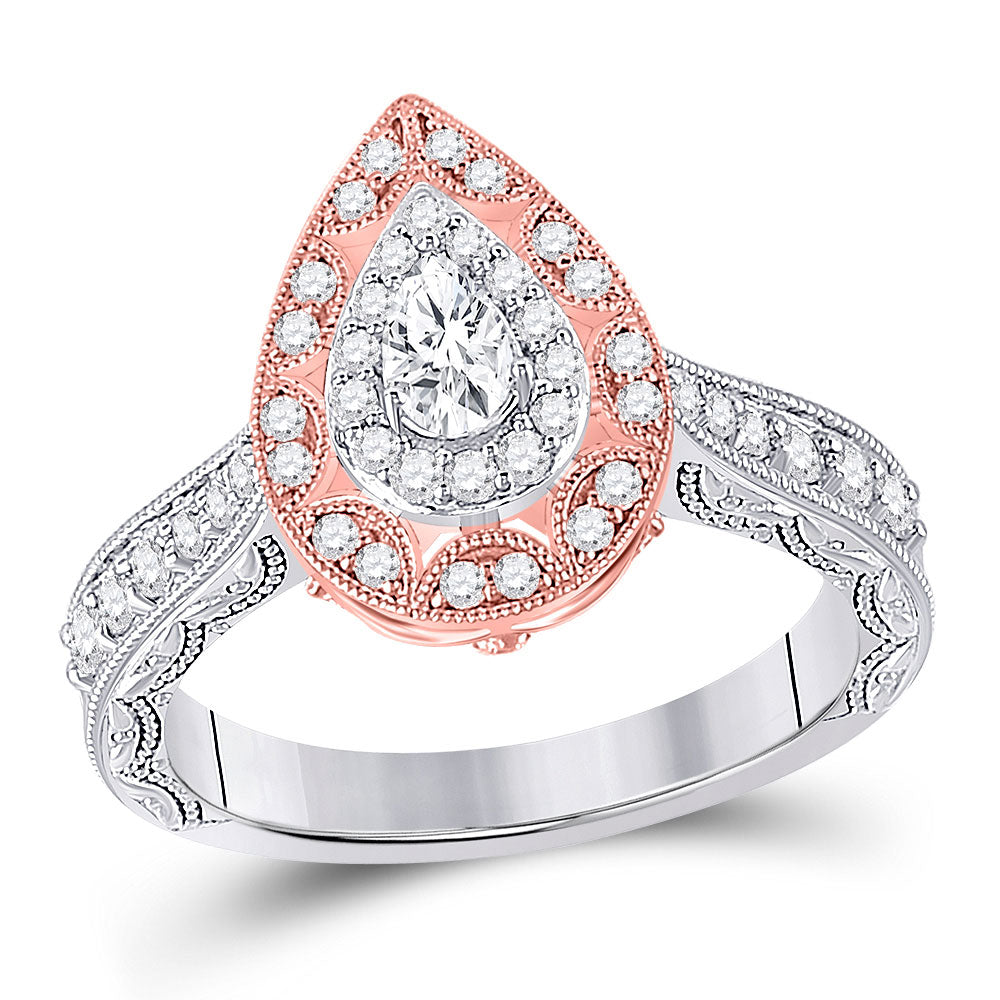 14kt Two-tone Gold Pear Diamond Halo Bridal Wedding Engagement Ring 3/4 Cttw