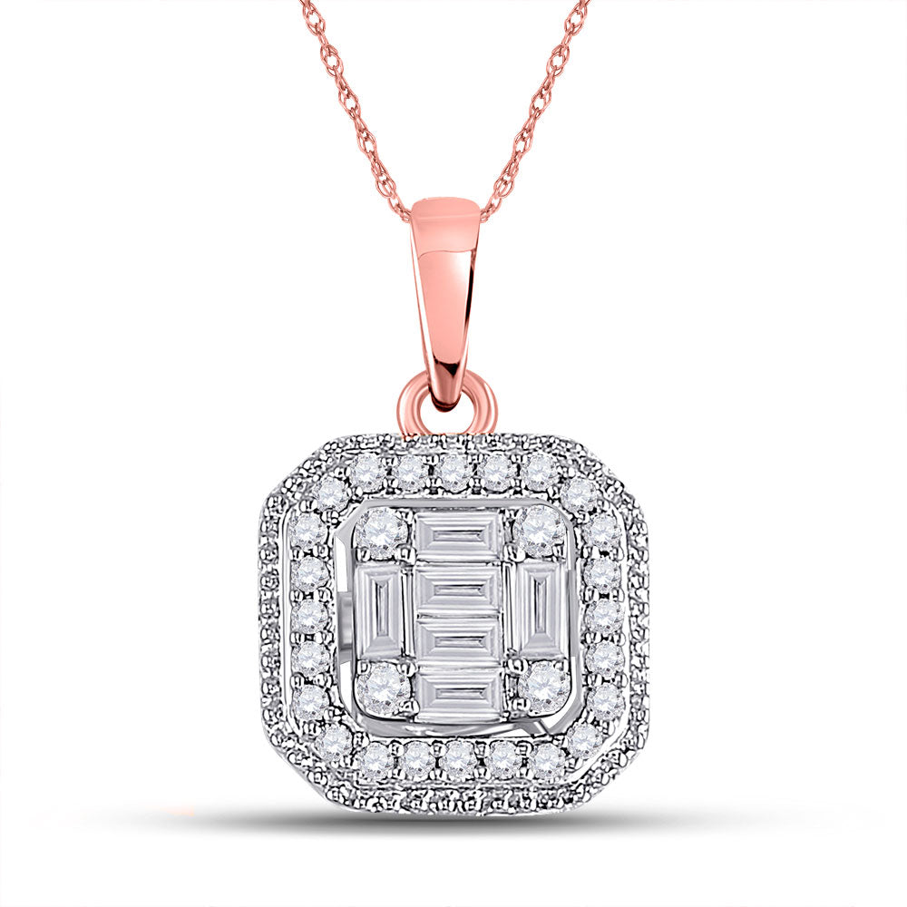 14kt Rose Gold Womens Baguette Diamond Cushion Cluster Pendant 1/4 Cttw