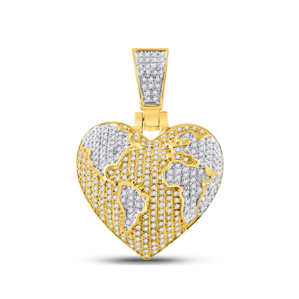 10kt Yellow Gold Mens Round Diamond Map Heart Charm Pendant 3/4 Cttw