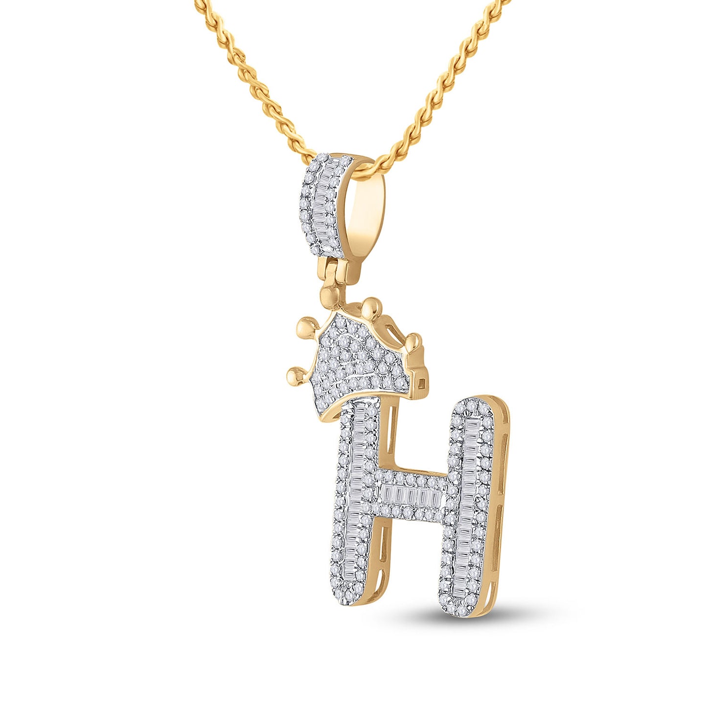 10kt Yellow Gold Mens Baguette Diamond Crown H Letter Charm Pendant 5/8 Cttw