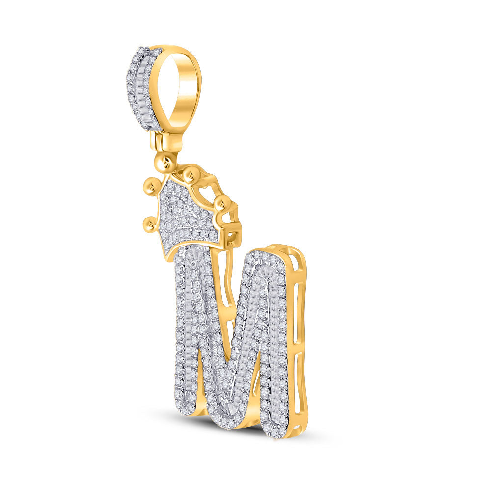 10kt Yellow Gold Mens Baguette Diamond Crown M Letter Charm Pendant 7/8 Cttw