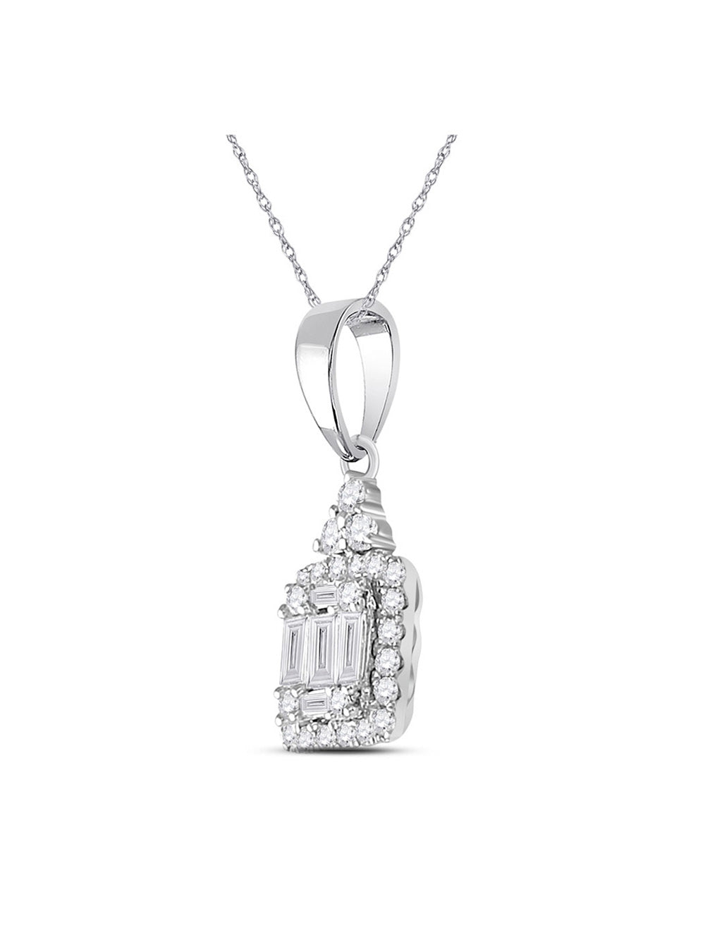 14kt White Gold Womens Baguette Diamond Square Cluster Pendant 1/3 Cttw