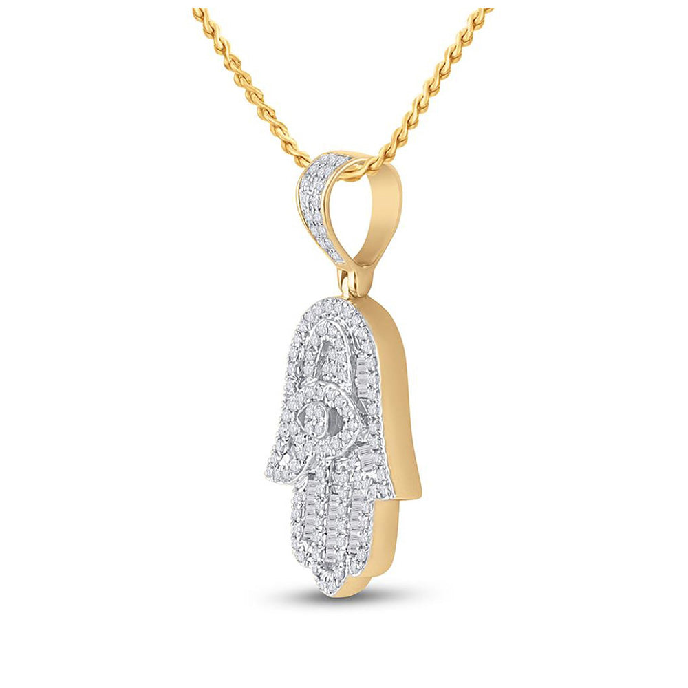 14kt Yellow Gold Mens Baguette Diamond Hamsa Hand Charm Pendant 1/2 Cttw