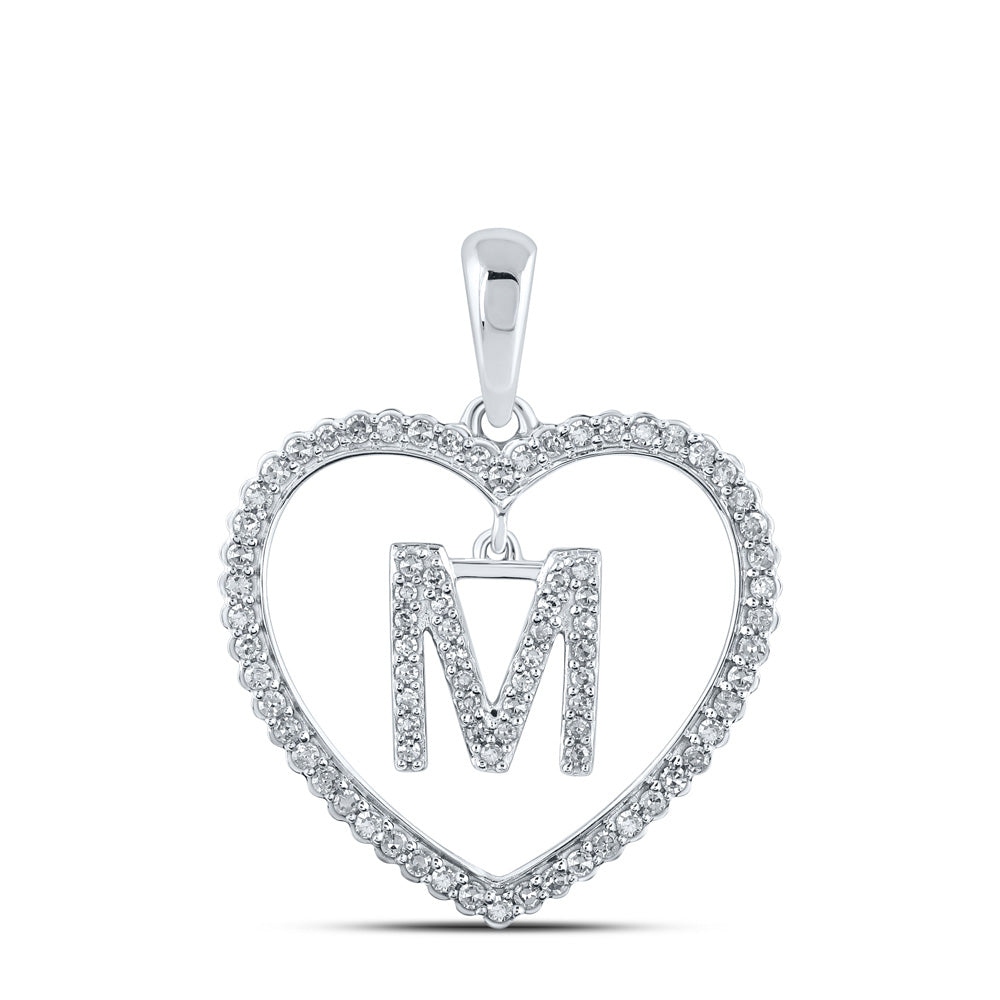 10kt White Gold Womens Round Diamond Heart M Letter Pendant 1/4 Cttw