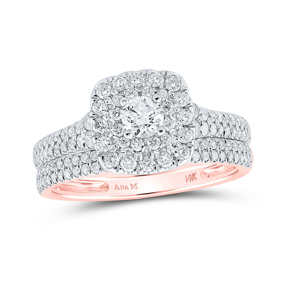 14kt Rose Gold Round Diamond Square Halo Bridal Wedding Ring Band Set 1 Cttw