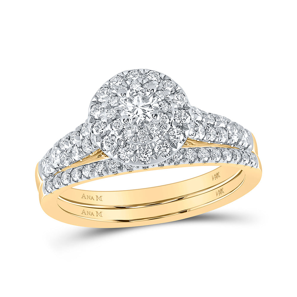 14kt Yellow Gold Round Diamond Halo Bridal Wedding Ring Band Set 1 Cttw