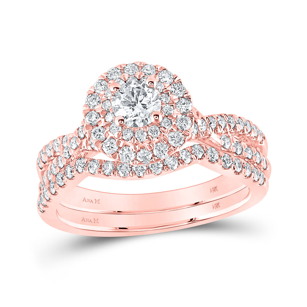 14kt Rose Gold Round Diamond Halo Bridal Wedding Ring Band Set 1 Cttw