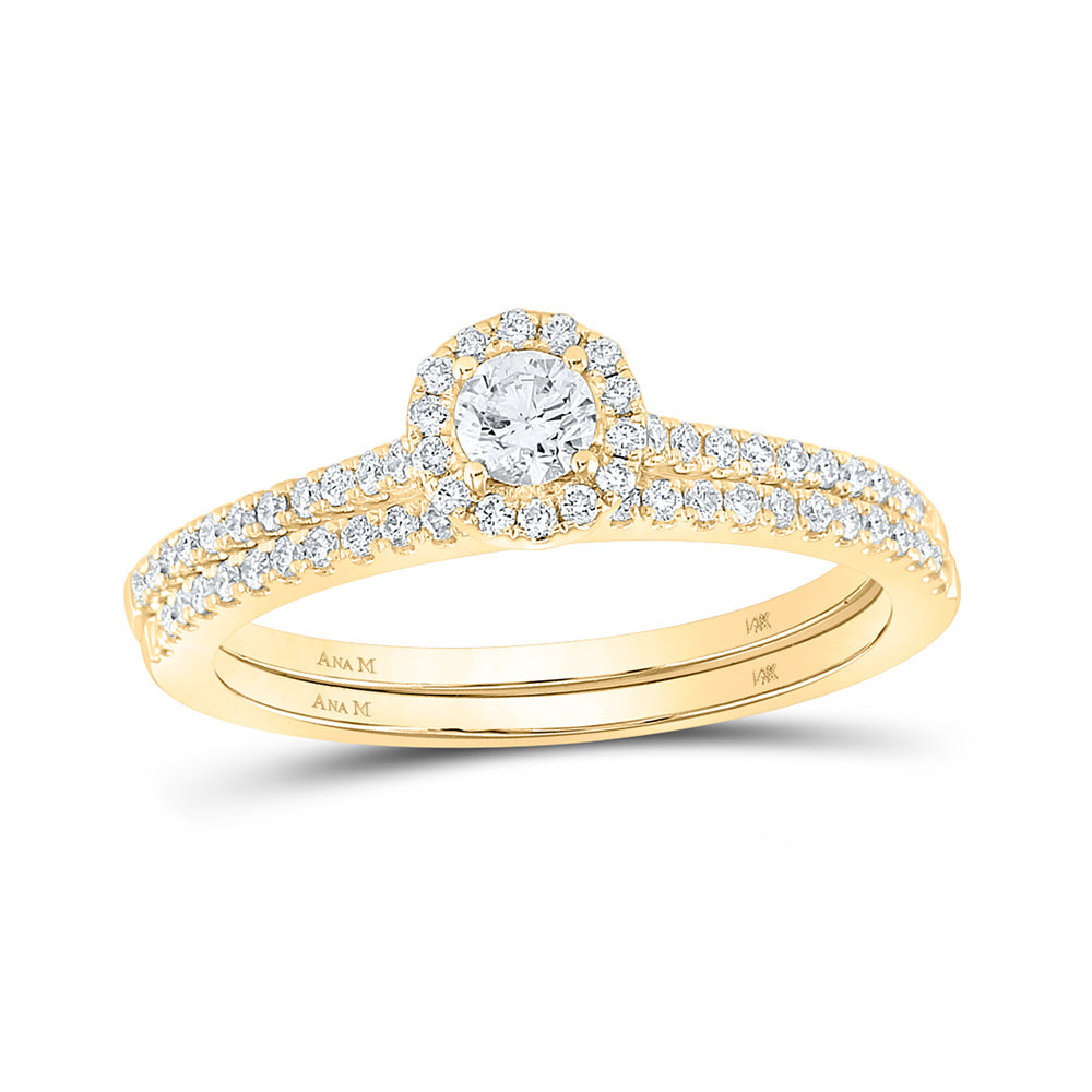 14kt Yellow Gold Round Diamond Halo Bridal Wedding Ring Band Set 1/2 Cttw