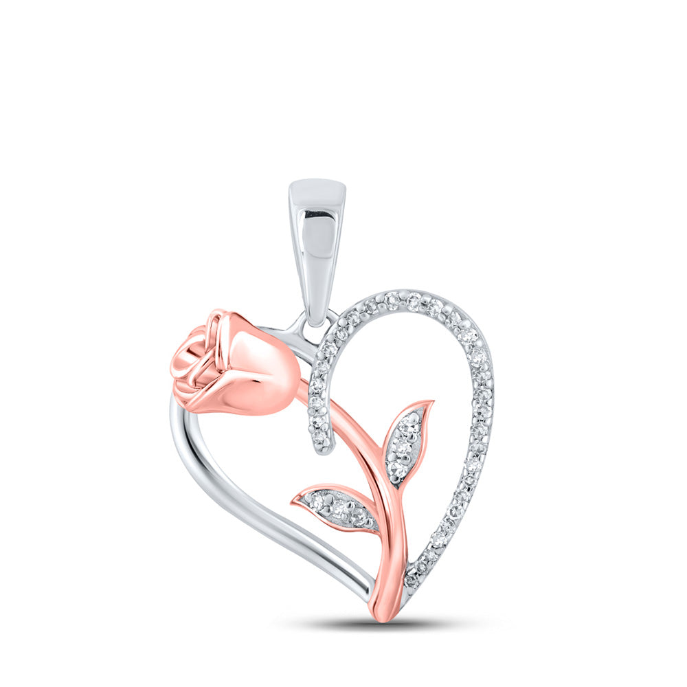 Sterling Silver Womens Round Diamond Rose Heart Pendant 1/10 Cttw