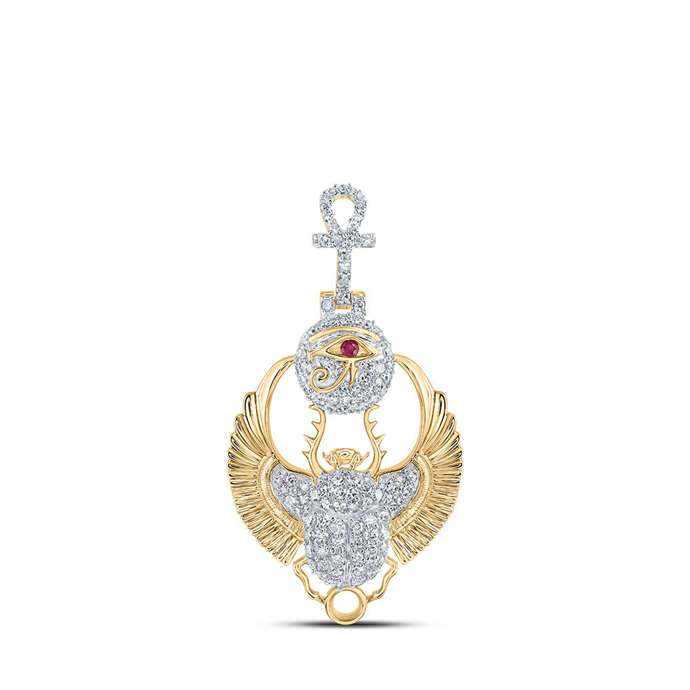10kt Yellow Gold Mens Round Diamond Scarab Ankh Charm Pendant 3/4 Cttw