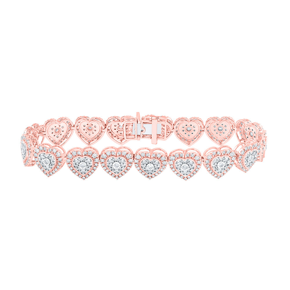 10kt Rose Gold Womens Round Diamond Heart Bracelet 3-7/8 Cttw
