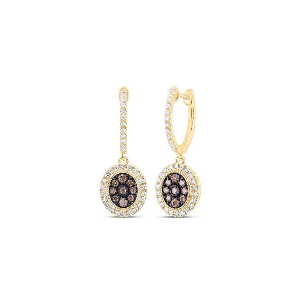 10kt Yellow Gold Womens Round Brown Diamond Oval Dangle Earrings 5/8 Cttw