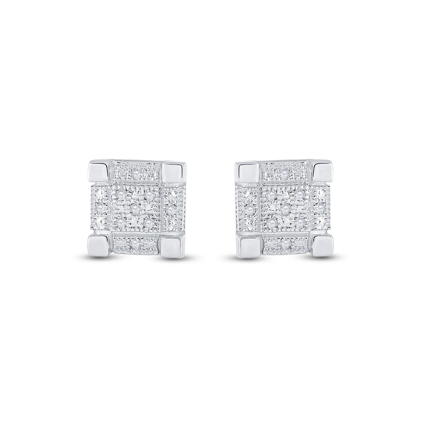Sterling Silver Mens Round Diamond 3D Cube Square Earrings 1/20 Cttw