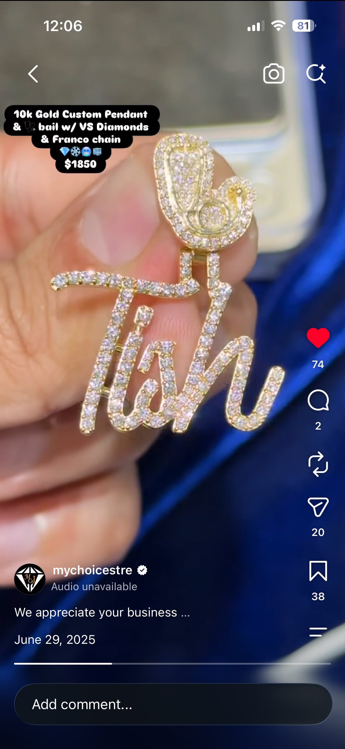10k gold Monae pendant custom bail & chain VS diamond