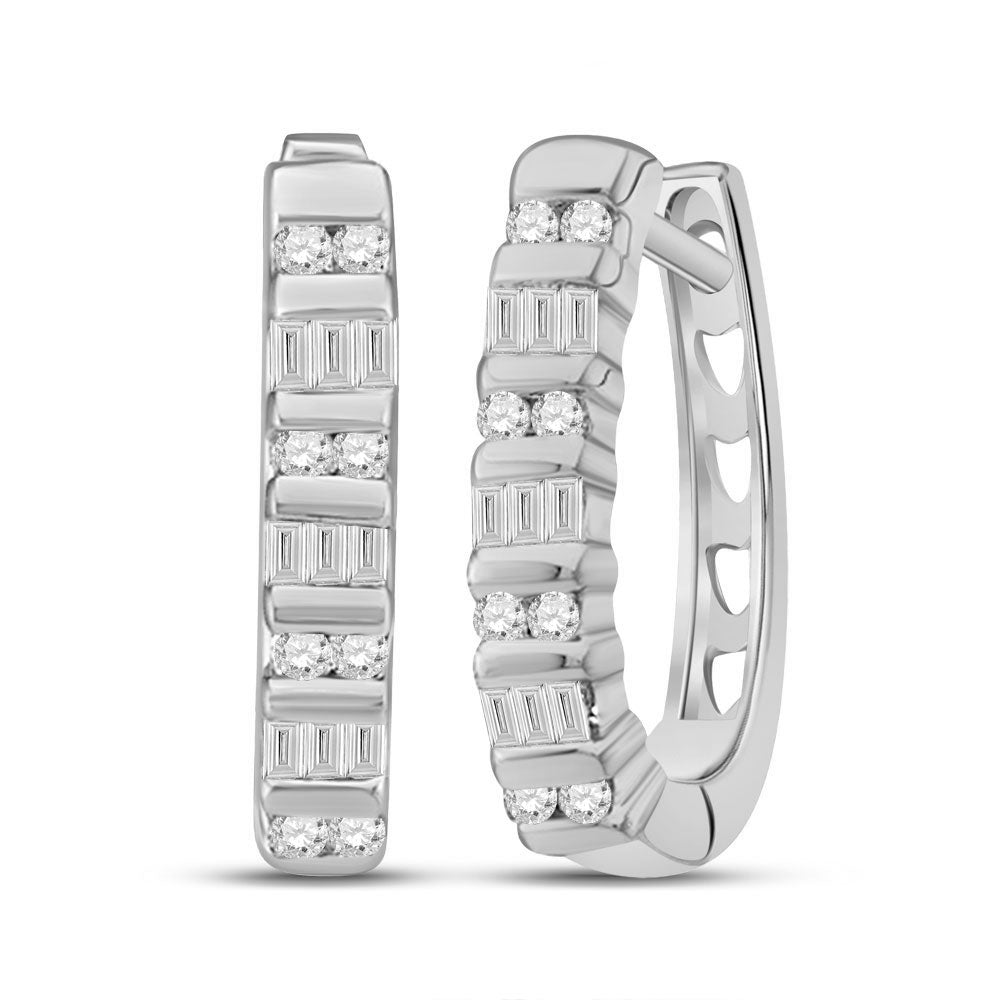 10kt White Gold Womens Baguette Diamond Hoop Earrings 1/4 Cttw