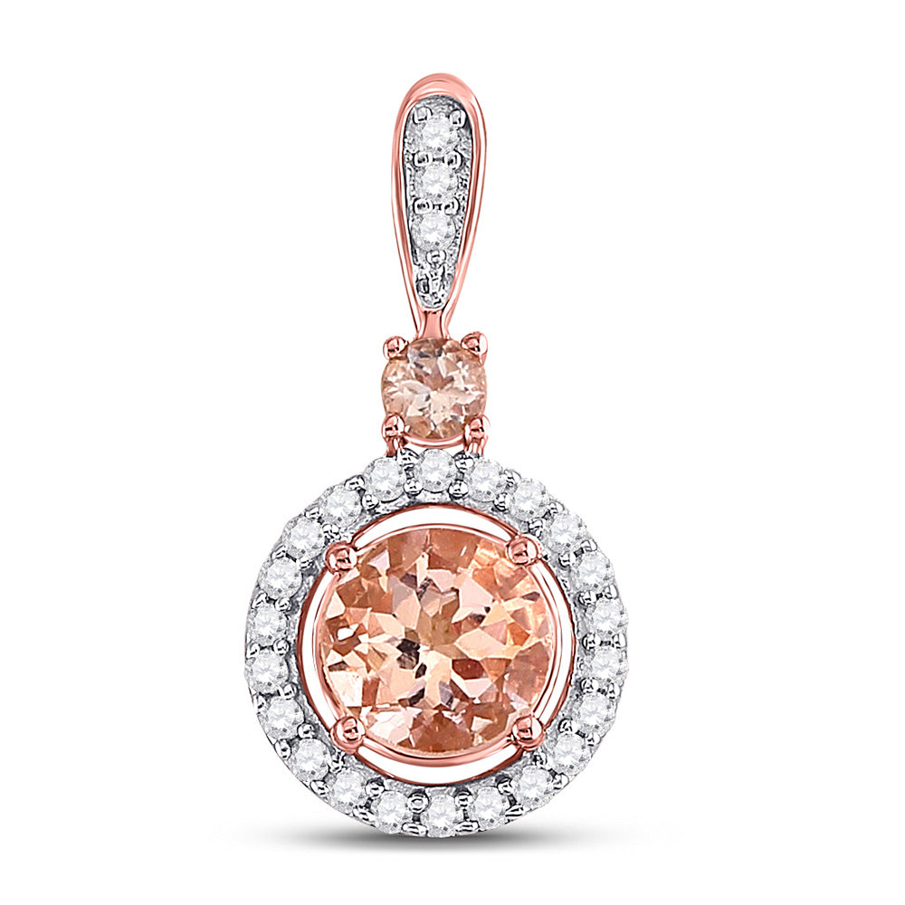 10kt Rose Gold Womens Round Morganite Diamond Solitaire Pendant 3/8 Cttw