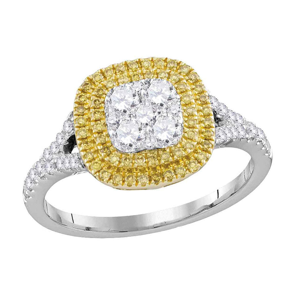 18kt White Gold Womens Round Yellow Diamond Cluster Ring 3/4 Cttw