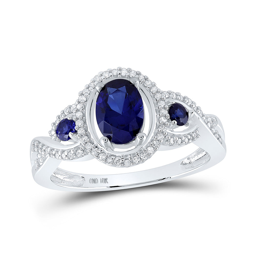 10kt White Gold Womens Oval Lab-Created Blue Sapphire 3-stone Ring 1-1/2 Cttw