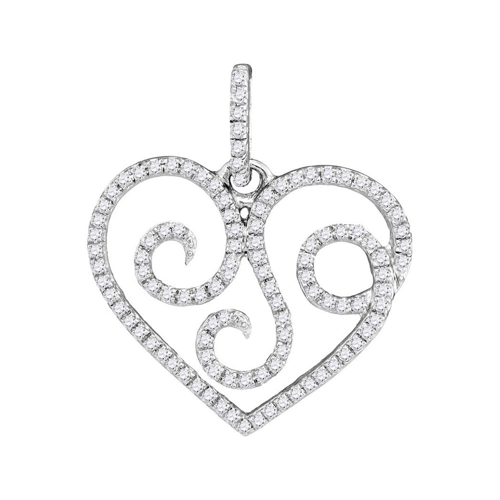 10kt White Gold Womens Round Diamond Curl Heart Pendant 1/3 Cttw