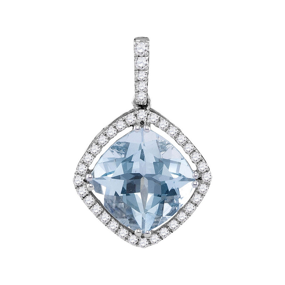 14kt White Gold Womens Cushion Aquamarine Diamond Solitaire Pendant 2-1/5 Cttw