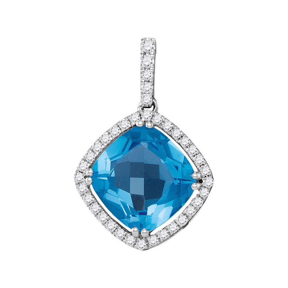 14kt White Gold Womens Cushion Blue Topaz Diamond Square Solitaire Pendant 3-1/2 Cttw