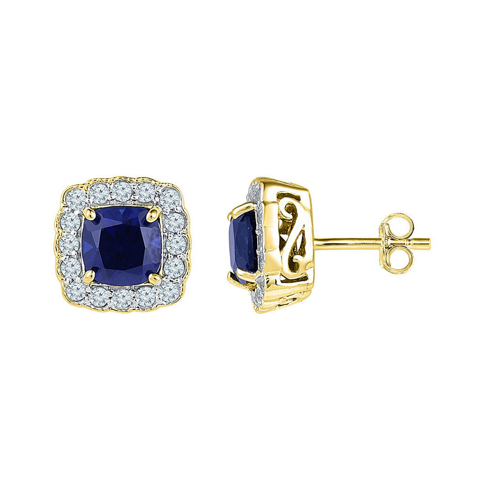 10kt Yellow Gold Womens Cushion Lab-Created Blue Sapphire Stud Earrings 3-1/3 Cttw