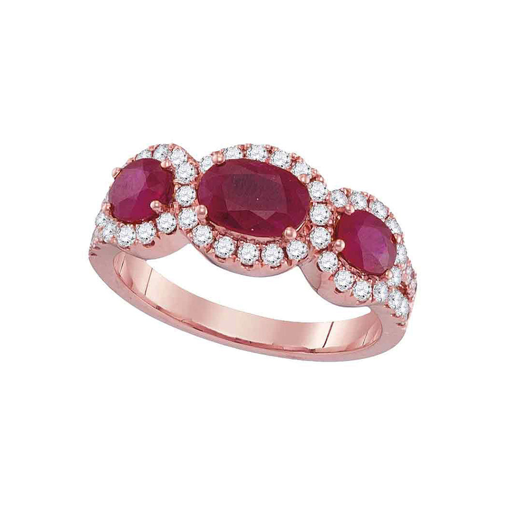 18kt Rose Gold Womens Oval Ruby Diamond 3-stone Ring 3 Cttw