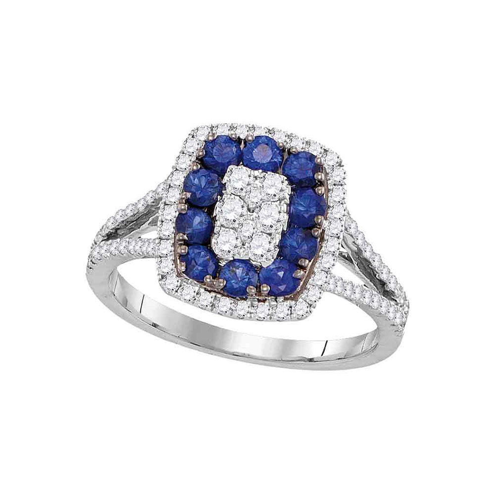 18kt White Gold Womens Round Blue Sapphire Diamond Cluster Ring 1 Cttw