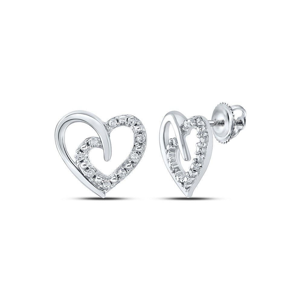 Sterling Silver Womens Round Diamond Heart Earrings 1/10 Cttw