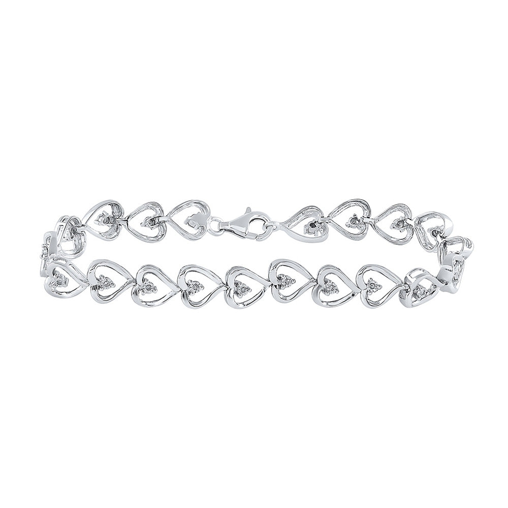 Sterling Silver Womens Round Diamond Heart Link Bracelet 1/10 Cttw