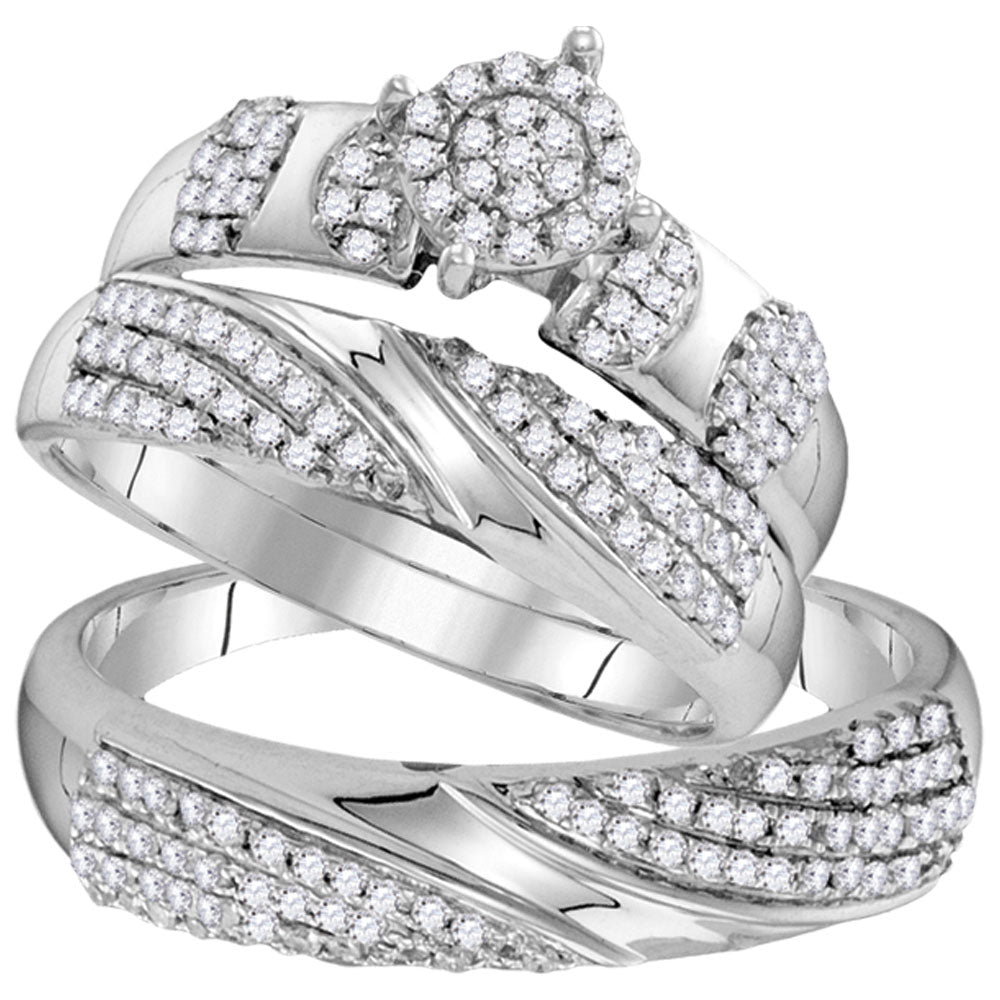 10kt White Gold His Hers Round Diamond Cluster Matching Wedding Set 3/4 Cttw