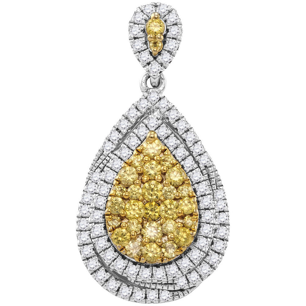 14kt White Gold Womens Round Yellow Diamond Teardrop Cluster Pendant 1-1/2 Cttw