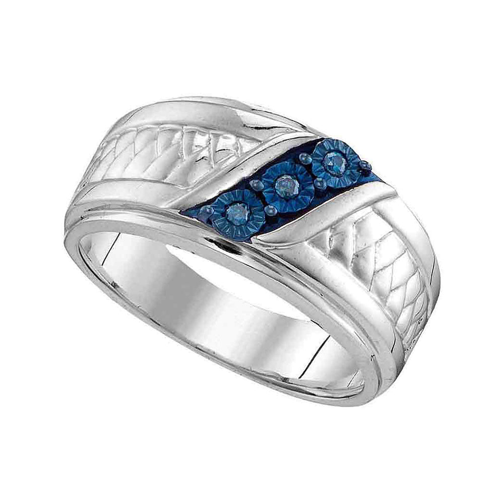 Sterling Silver Mens Round Blue Color Enhanced Diamond Wedding Band Ring 1/20 Cttw