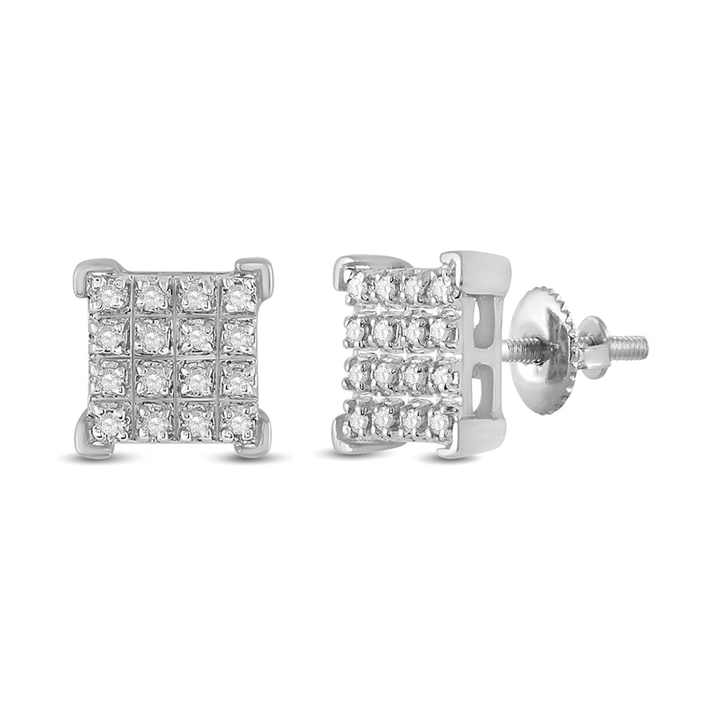 10kt White Gold Mens Round Diamond Square Earrings 1/10 Cttw