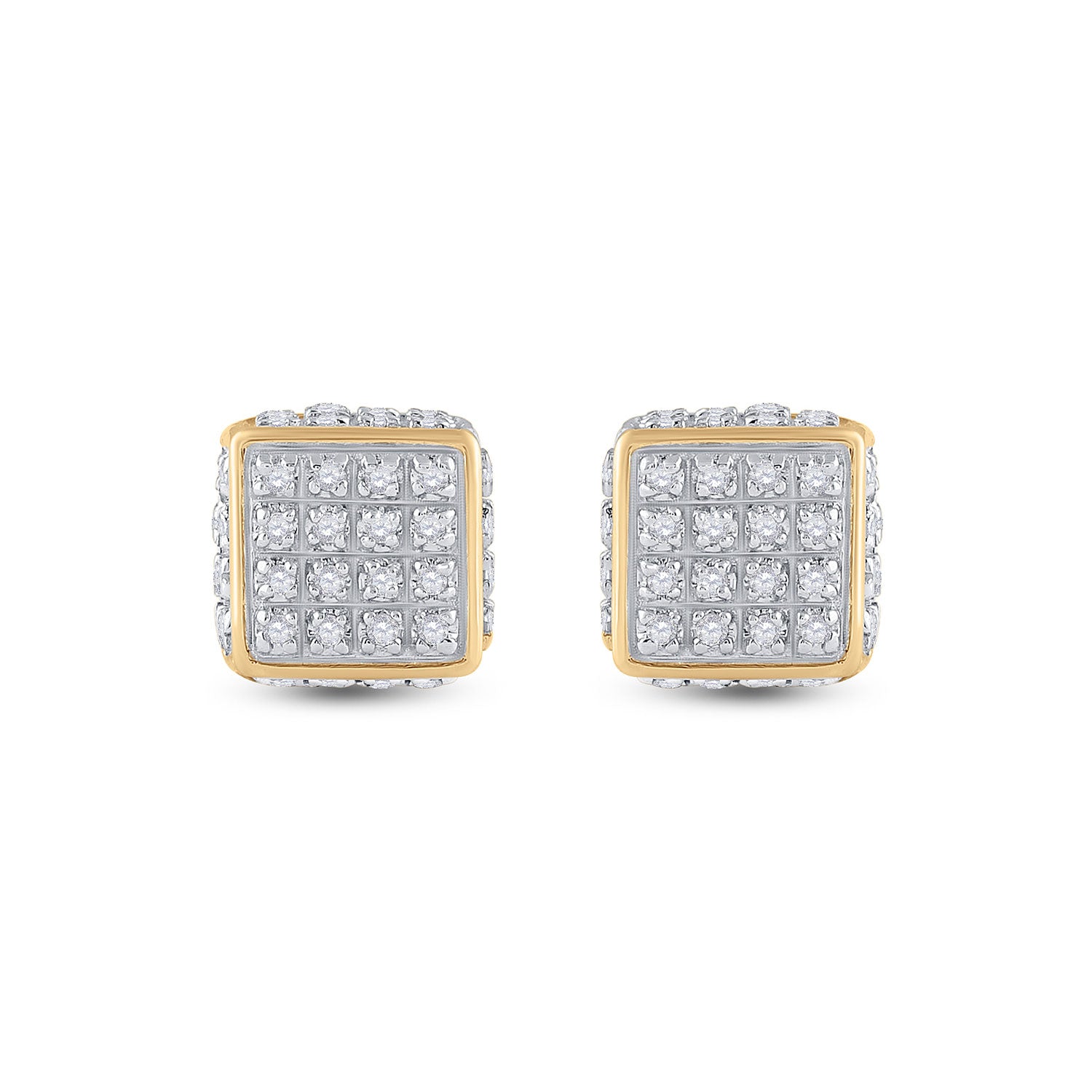 10kt Yellow Gold Mens Round Diamond 3D Square Stud Earrings 1/4 Cttw