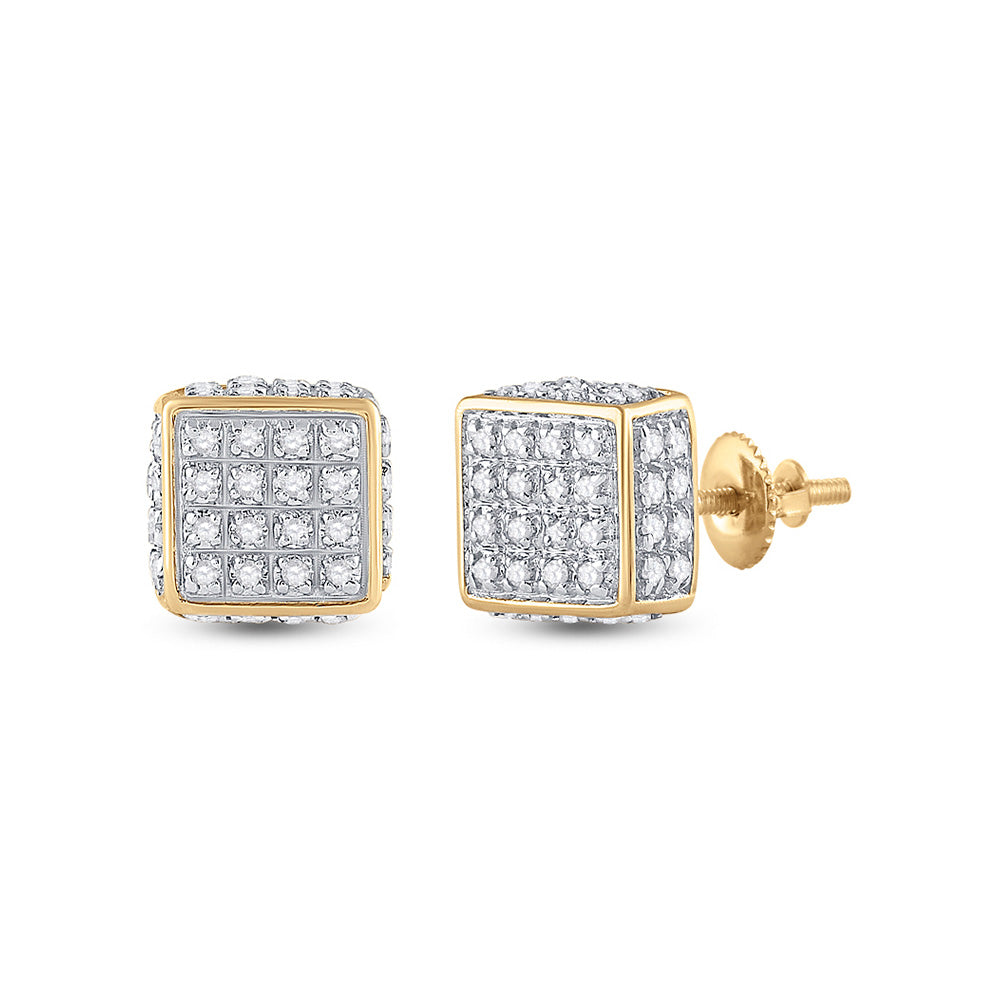 10kt Yellow Gold Mens Round Diamond 3D Square Stud Earrings 1/4 Cttw