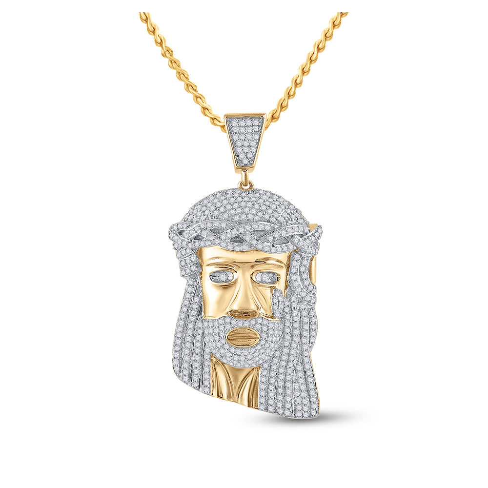 10kt Yellow Gold Mens Round Diamond Jesus Face Charm Pendant 1-1/3 Cttw