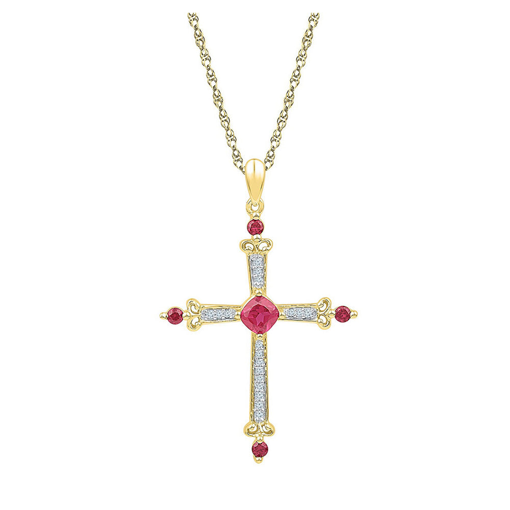 10kt Yellow Gold Womens Round Lab-Created Ruby Diamond Cross Pendant 1-1/3 Cttw