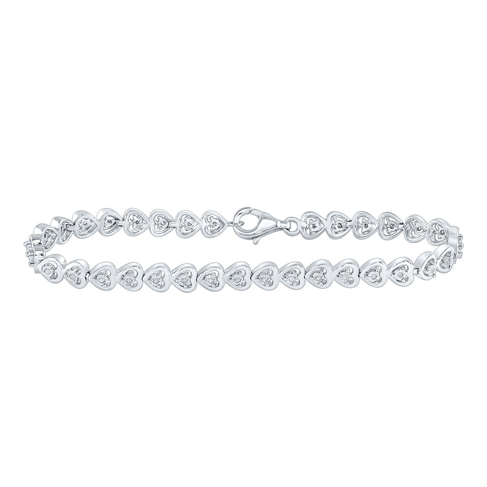 Sterling Silver Womens Round Diamond Heart Tennis Bracelet 1/6 Cttw