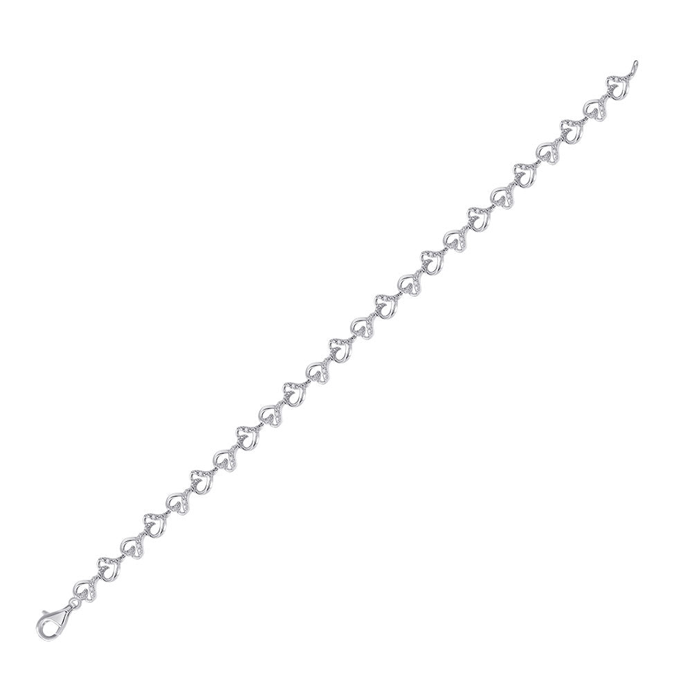 Sterling Silver Womens Round Diamond Heart Bracelet 1/10 Cttw