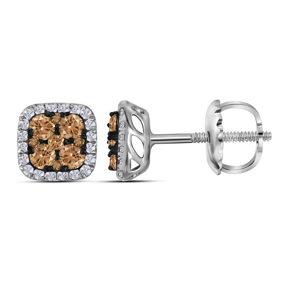 14kt White Gold Womens Round Brown Diamond Square Earrings 1-1/2 Cttw