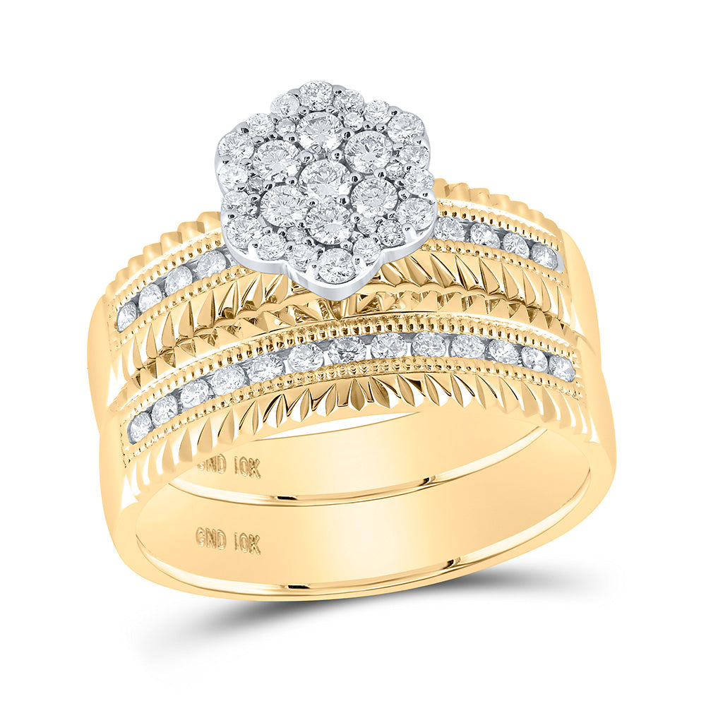 14kt Yellow Gold His Hers Round Diamond Cluster Matching Wedding Set 3/4 Cttw