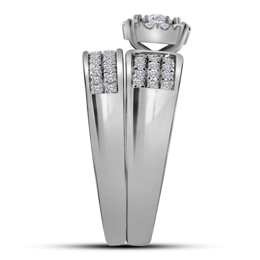 14kt White Gold His Hers Round Diamond Halo Matching Wedding Set 7/8 Cttw