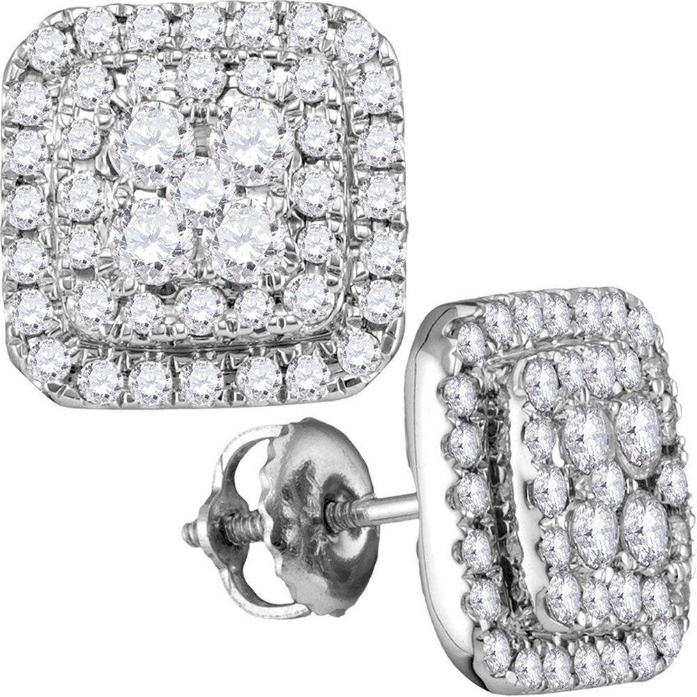 14kt White Gold Womens Round Diamond Square Cluster Earrings 1 Cttw