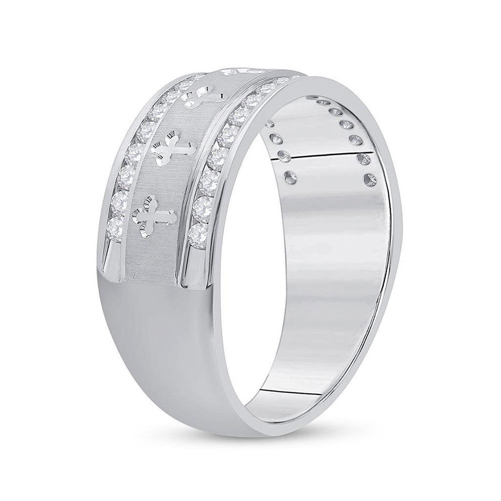 14kt White Gold Mens Round Diamond Wedding Cross Band Ring 1/2 Cttw